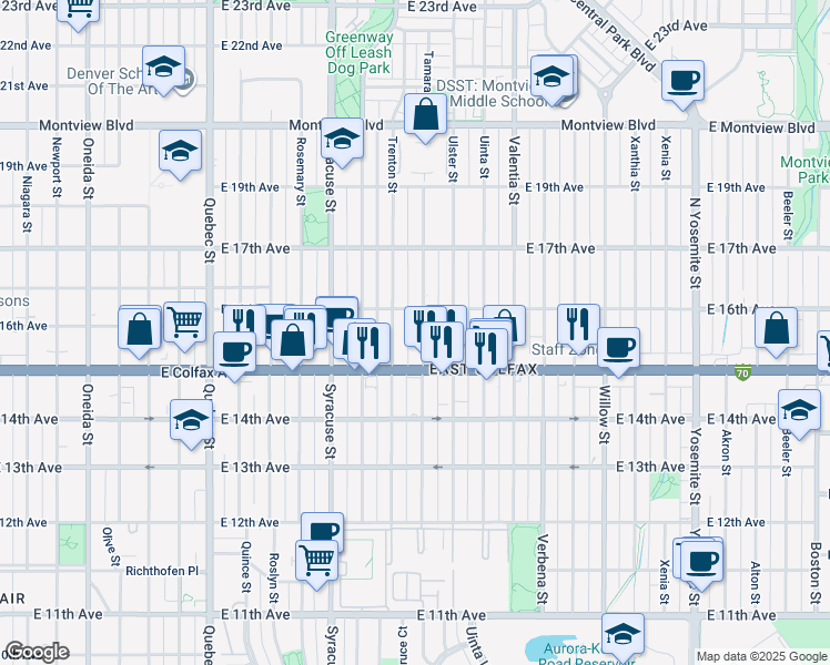 map of restaurants, bars, coffee shops, grocery stores, and more near 1540 Tamarac Street in Denver