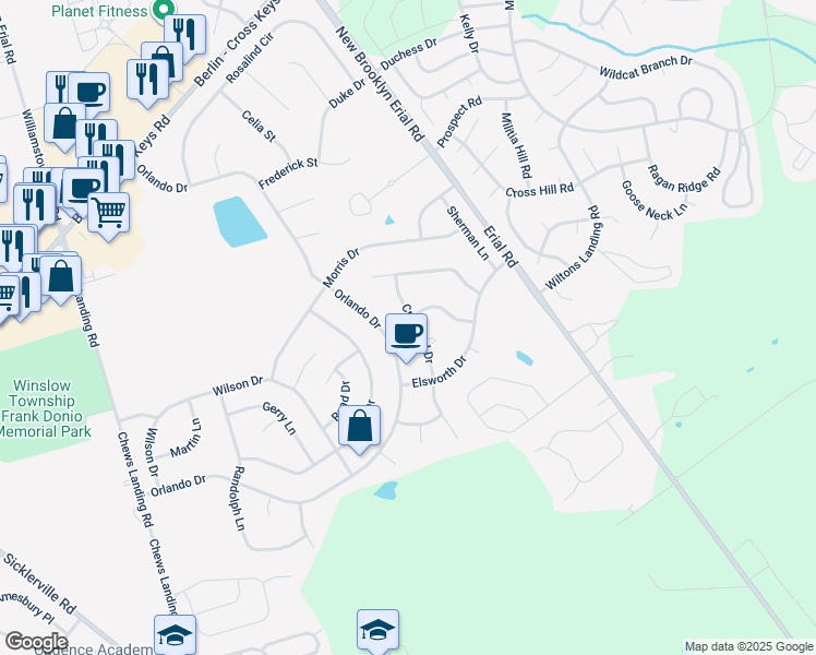 map of restaurants, bars, coffee shops, grocery stores, and more near 104 Orlando Drive in Sicklerville
