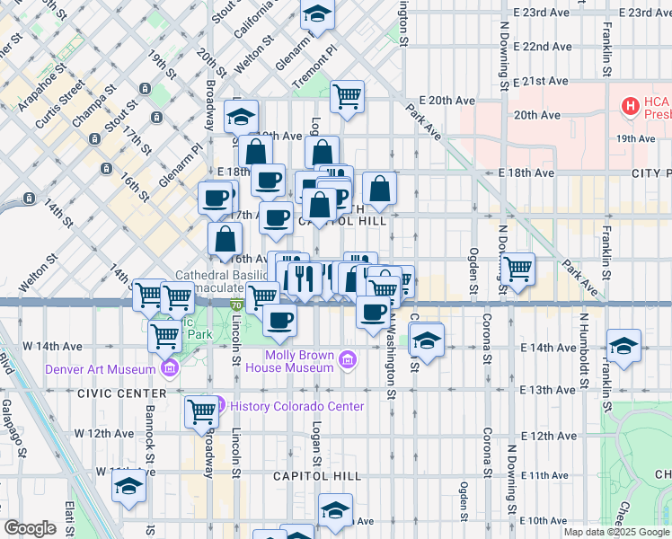 map of restaurants, bars, coffee shops, grocery stores, and more near 1575 Pennsylvania Street in Denver