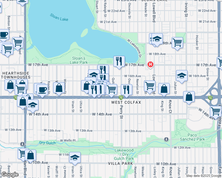 map of restaurants, bars, coffee shops, grocery stores, and more near 1524 Quitman Street in Denver
