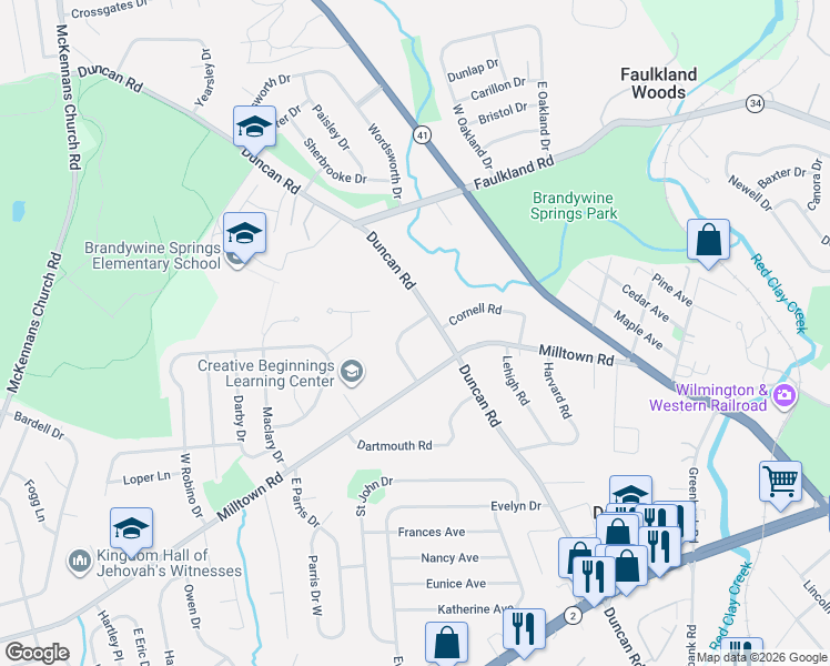 map of restaurants, bars, coffee shops, grocery stores, and more near 7 Yale Road in Wilmington