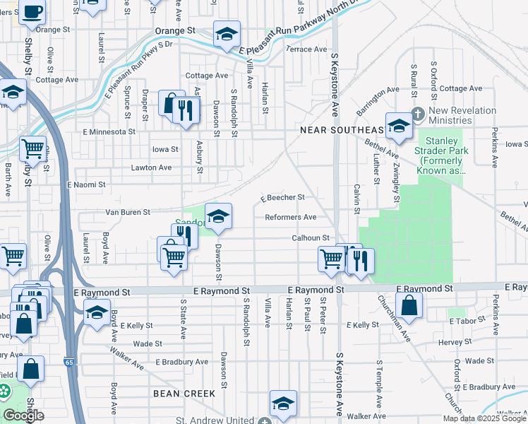 map of restaurants, bars, coffee shops, grocery stores, and more near 2014 Reformers Avenue in Indianapolis