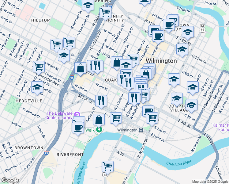 map of restaurants, bars, coffee shops, grocery stores, and more near 401b West 3rd Street in Wilmington