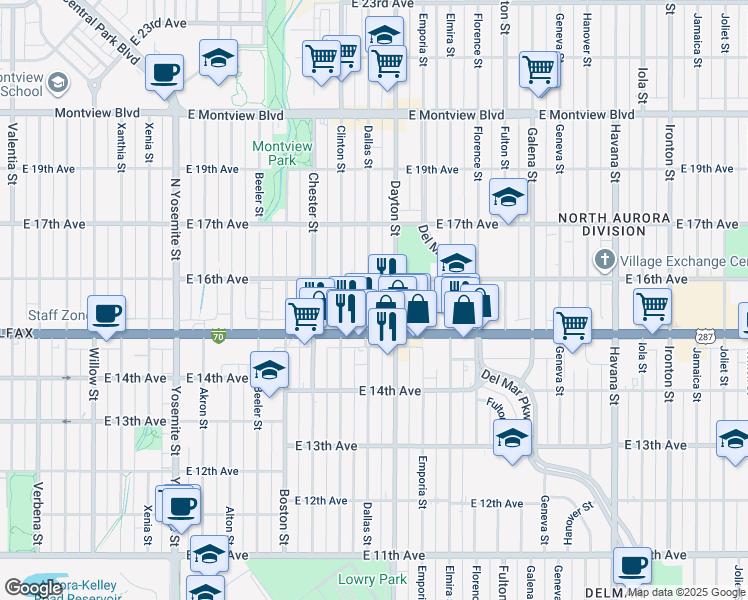 map of restaurants, bars, coffee shops, grocery stores, and more near 1539 Dayton Street in Aurora