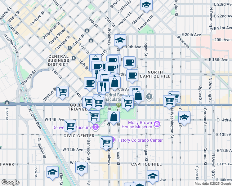 map of restaurants, bars, coffee shops, grocery stores, and more near in Denver