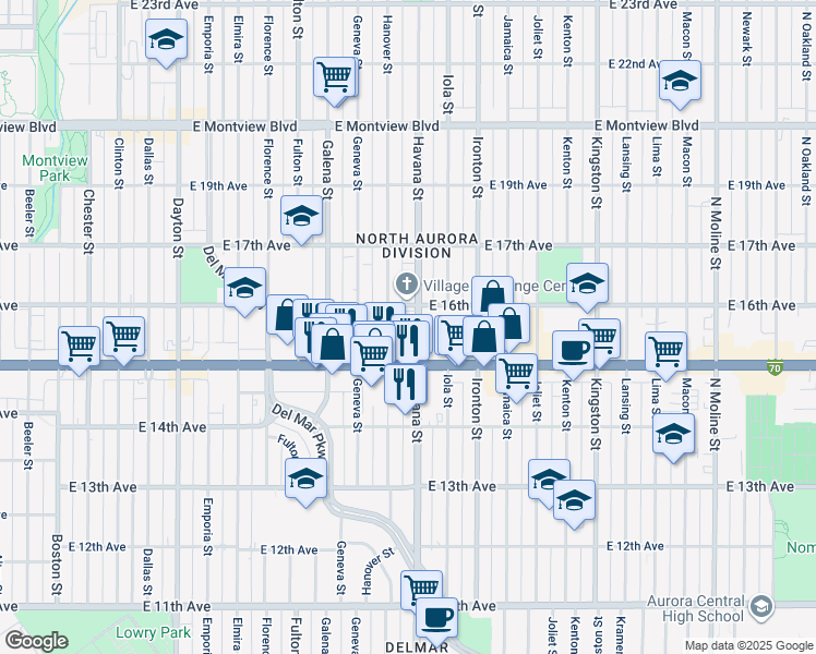 map of restaurants, bars, coffee shops, grocery stores, and more near 1548 Hanover Street in Aurora