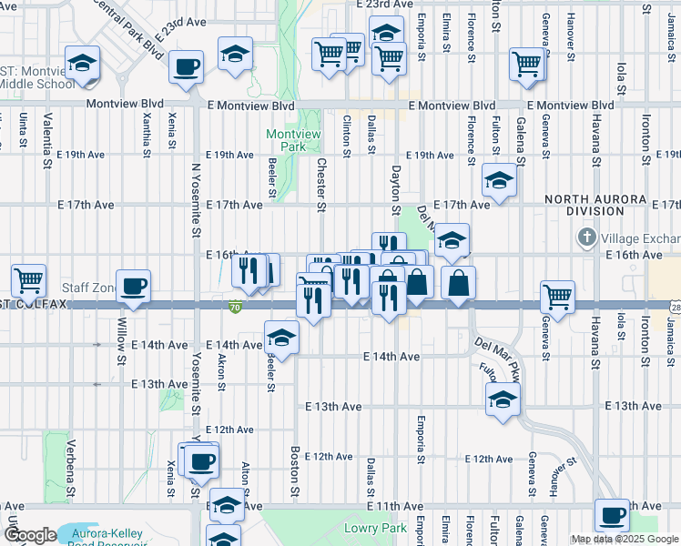 map of restaurants, bars, coffee shops, grocery stores, and more near 1534 Chester Street in Aurora