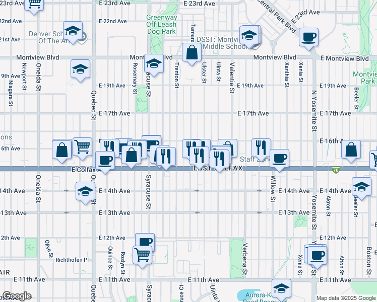 map of restaurants, bars, coffee shops, grocery stores, and more near 1540 Tamarac Street in Denver