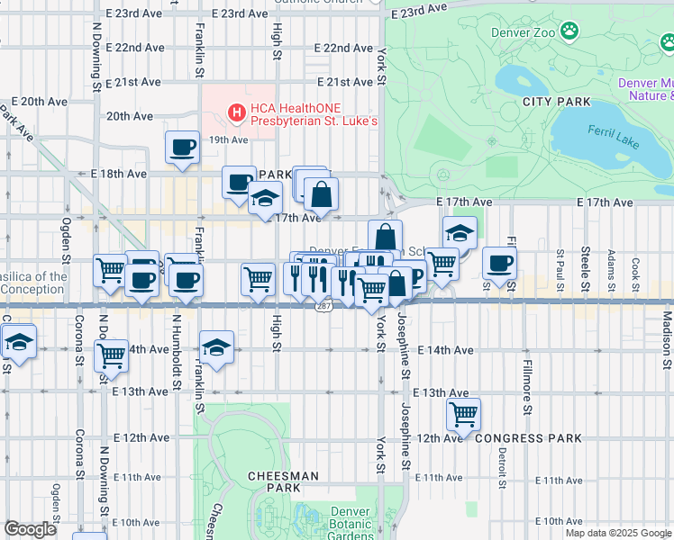 map of restaurants, bars, coffee shops, grocery stores, and more near 1555 Vine Street in Denver