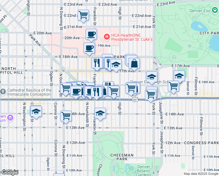 map of restaurants, bars, coffee shops, grocery stores, and more near in Denver