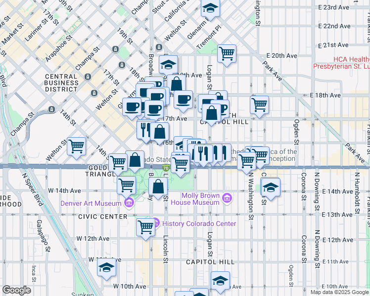 map of restaurants, bars, coffee shops, grocery stores, and more near 1560 Sherman Street in Denver