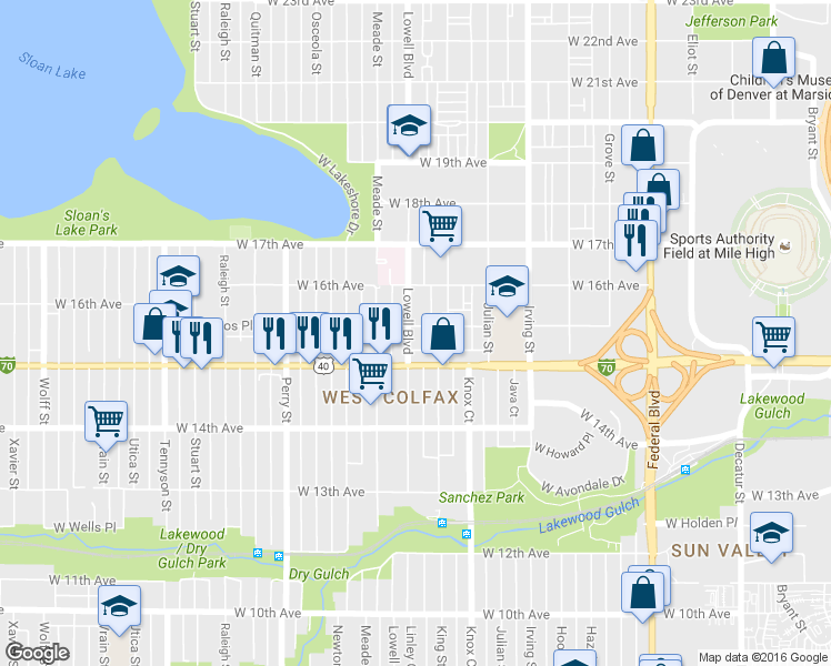 map of restaurants, bars, coffee shops, grocery stores, and more near 1530 Lowell Boulevard in Denver