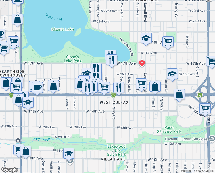 map of restaurants, bars, coffee shops, grocery stores, and more near 1524 Quitman Street in Denver