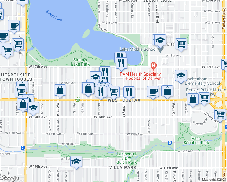 map of restaurants, bars, coffee shops, grocery stores, and more near 1524 Quitman Street in Denver