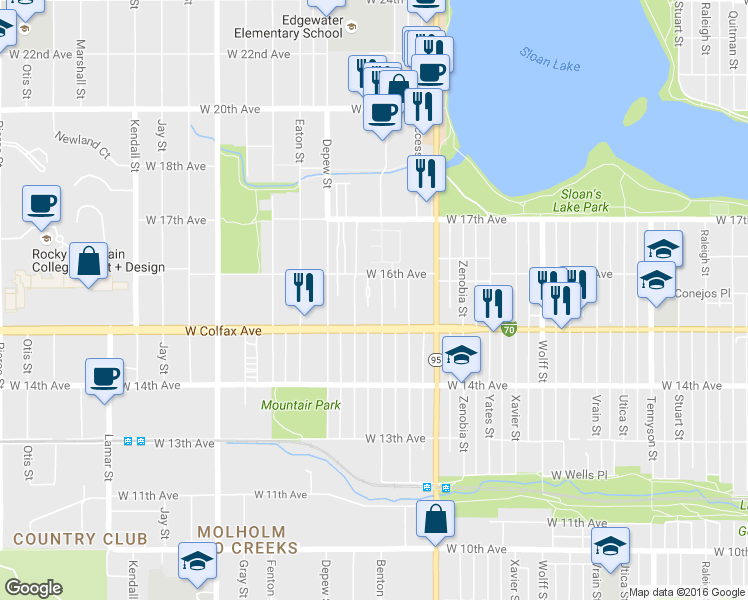 map of restaurants, bars, coffee shops, grocery stores, and more near 1536 Benton Street in Lakewood