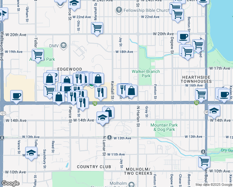 map of restaurants, bars, coffee shops, grocery stores, and more near 1510 Kendall Street in Lakewood