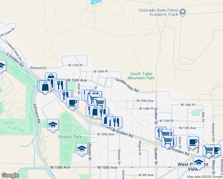 map of restaurants, bars, coffee shops, grocery stores, and more near 1546 Secrest Court in Golden