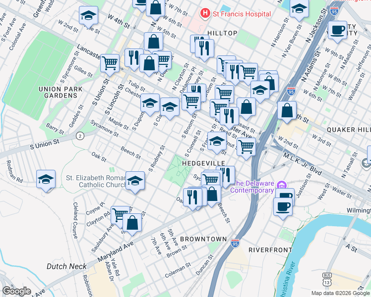 map of restaurants, bars, coffee shops, grocery stores, and more near 407 South Connell Street in Wilmington