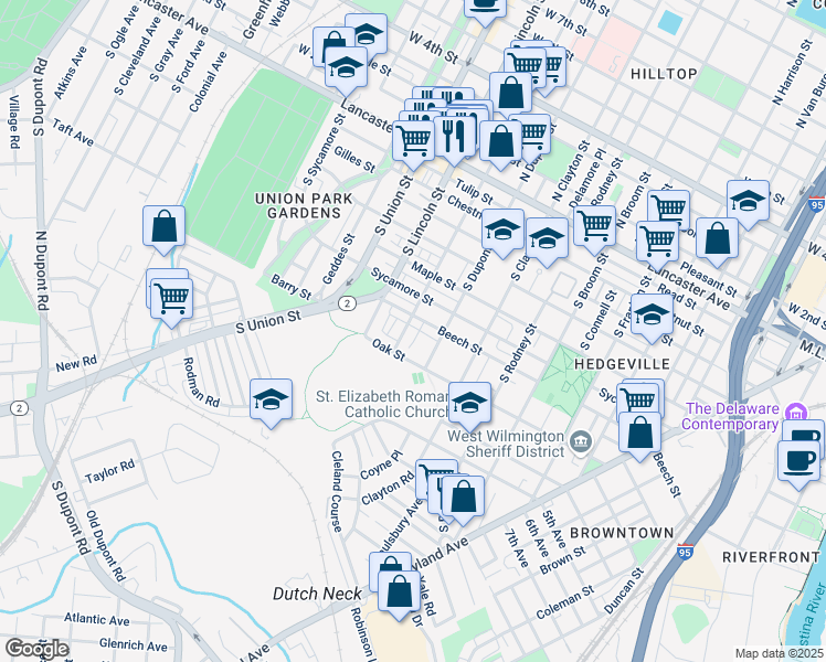 map of restaurants, bars, coffee shops, grocery stores, and more near 709 South Dupont Street in Wilmington