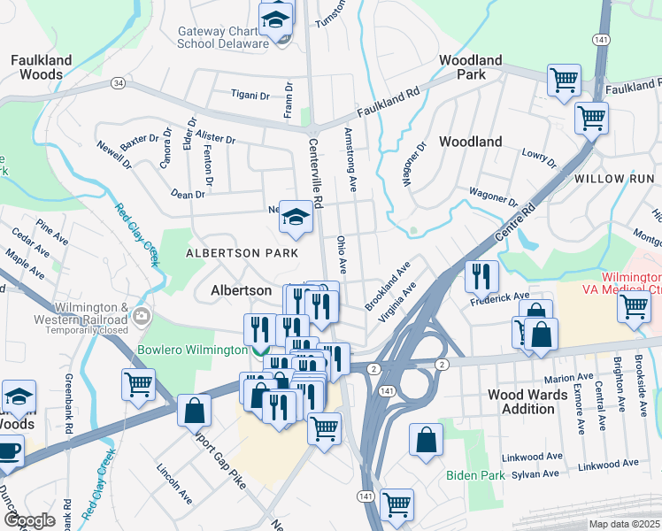 map of restaurants, bars, coffee shops, grocery stores, and more near 403 Ohio Avenue in Wilmington