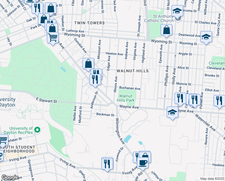 map of restaurants, bars, coffee shops, grocery stores, and more near 321 Illinois Avenue in Dayton