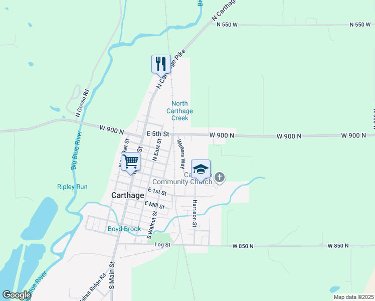 map of restaurants, bars, coffee shops, grocery stores, and more near 307 North Walnut Street in Carthage