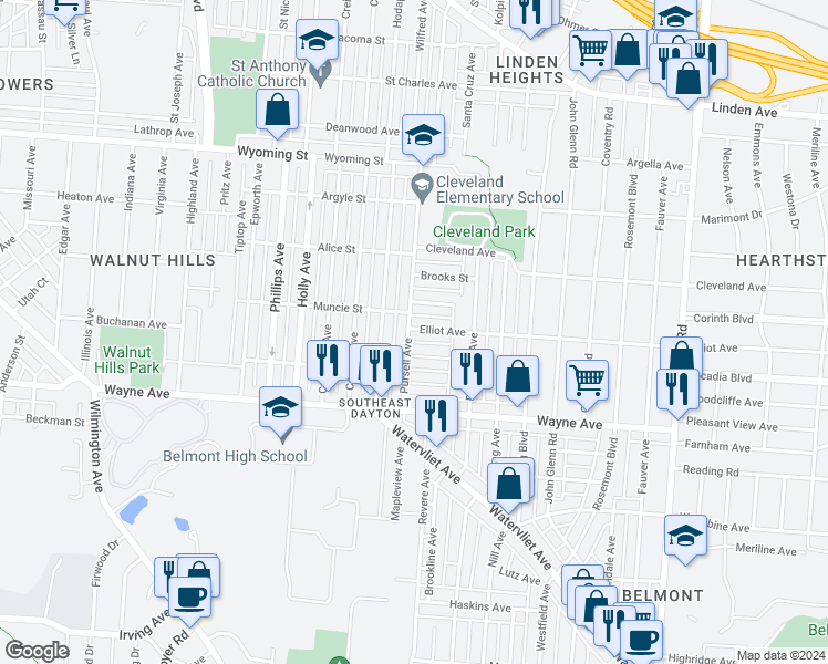 map of restaurants, bars, coffee shops, grocery stores, and more near 1318 Pursell Avenue in Dayton