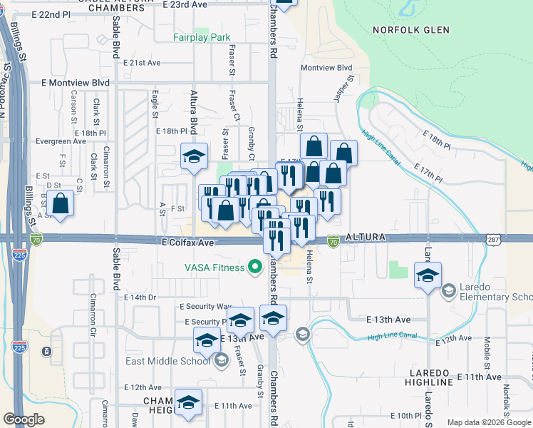 map of restaurants, bars, coffee shops, grocery stores, and more near 15037 E Colfax Ave in Aurora