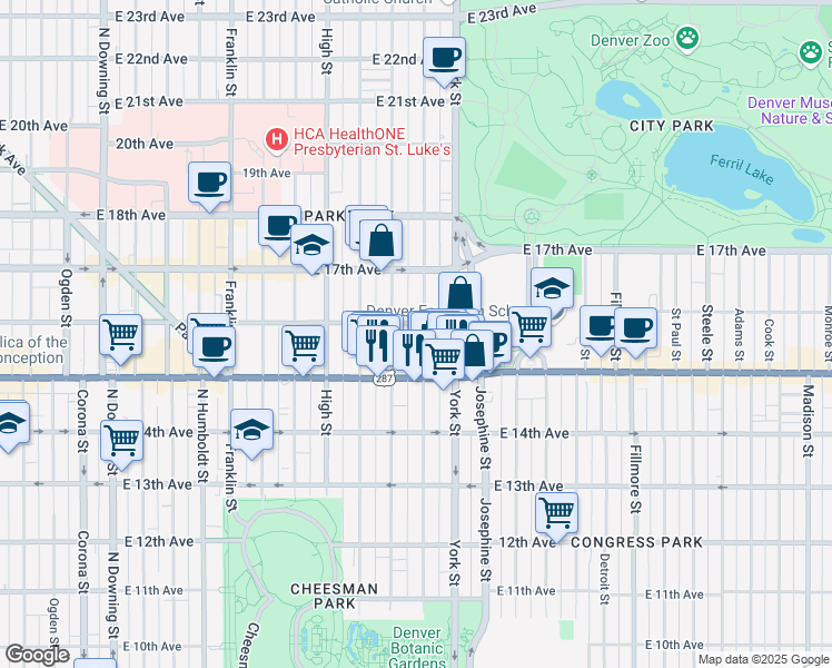 map of restaurants, bars, coffee shops, grocery stores, and more near 1546 North Gaylord Street in Denver