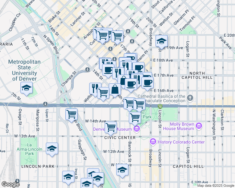 map of restaurants, bars, coffee shops, grocery stores, and more near 14th Street & Tremont Place in Denver