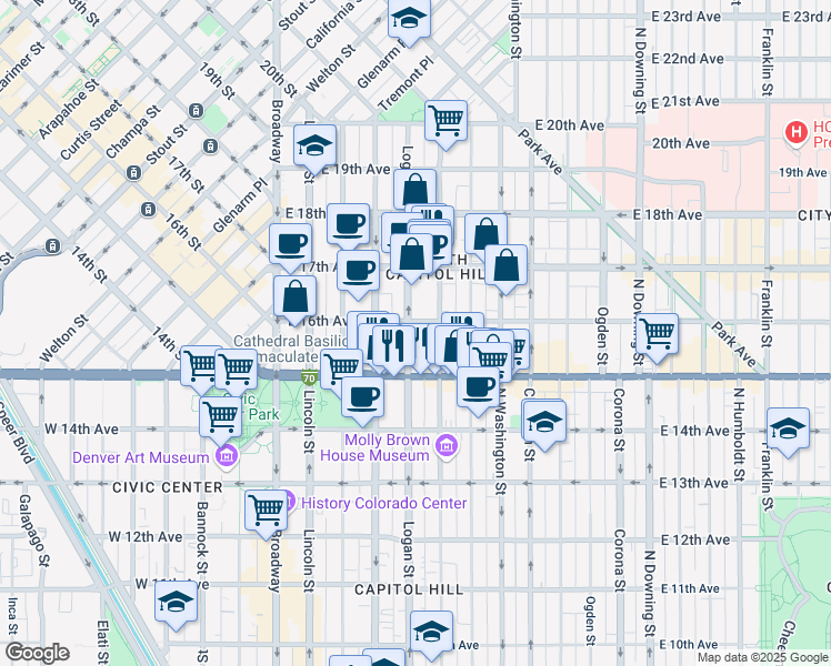 map of restaurants, bars, coffee shops, grocery stores, and more near in Denver