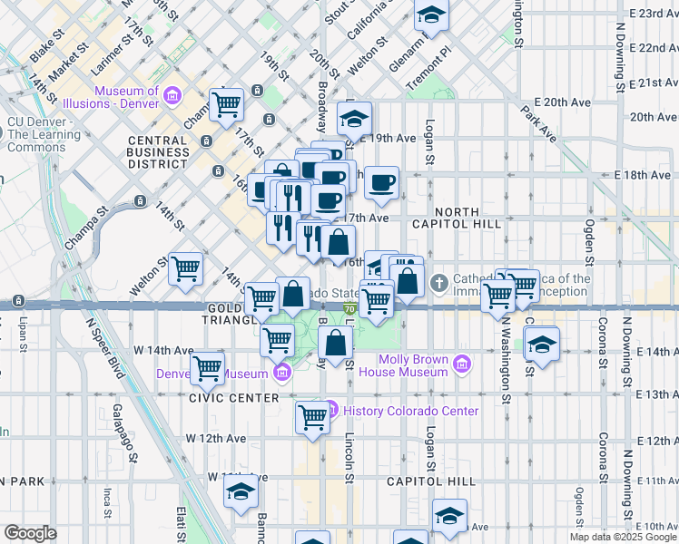 map of restaurants, bars, coffee shops, grocery stores, and more near 1560 Broadway in Denver
