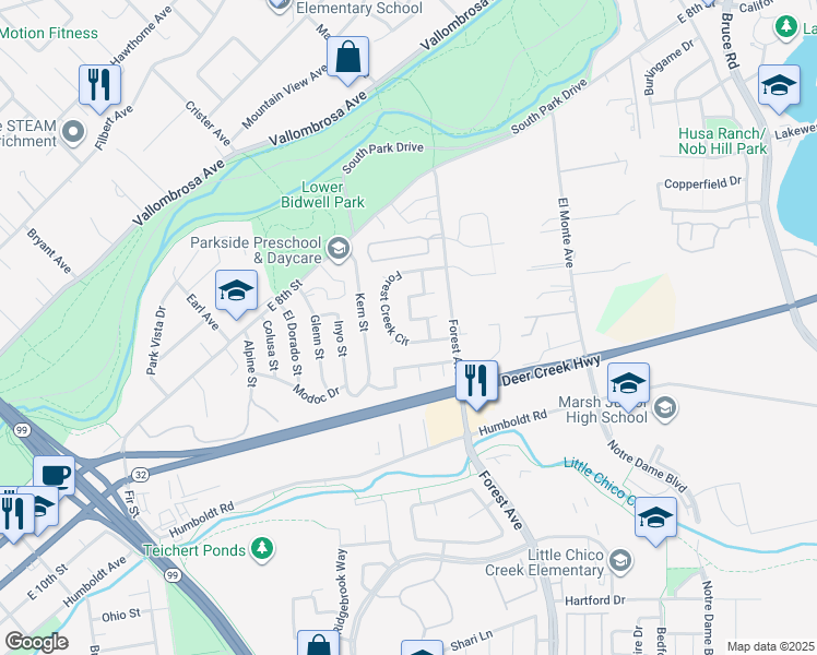 map of restaurants, bars, coffee shops, grocery stores, and more near 19 Vermillion Circle in Chico