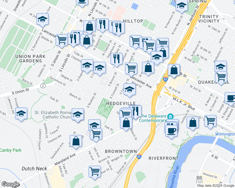 map of restaurants, bars, coffee shops, grocery stores, and more near 1311 Linden Street in Wilmington