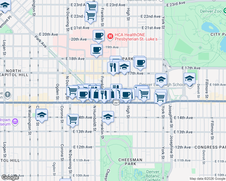 map of restaurants, bars, coffee shops, grocery stores, and more near in Denver