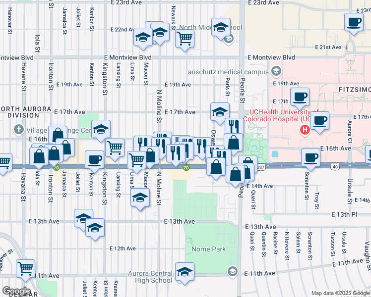 map of restaurants, bars, coffee shops, grocery stores, and more near 1559 Nome Street in Aurora