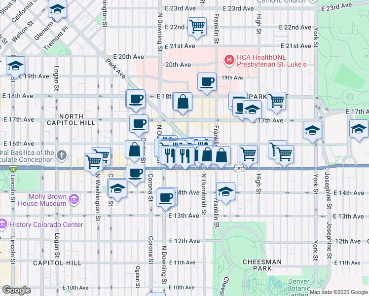 map of restaurants, bars, coffee shops, grocery stores, and more near 1575 North Lafayette Street in Denver