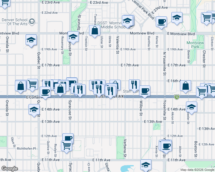 map of restaurants, bars, coffee shops, grocery stores, and more near 1538 Ulster Street in Denver
