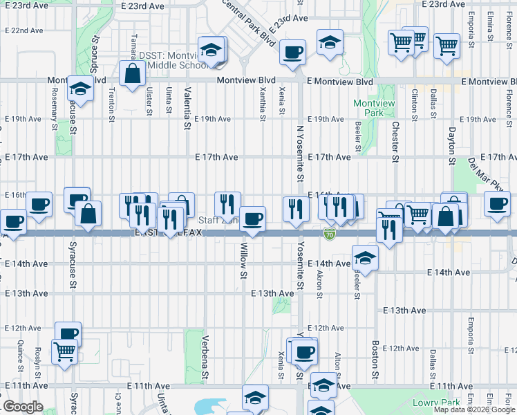 map of restaurants, bars, coffee shops, grocery stores, and more near 1541 Xanthia Street in Denver