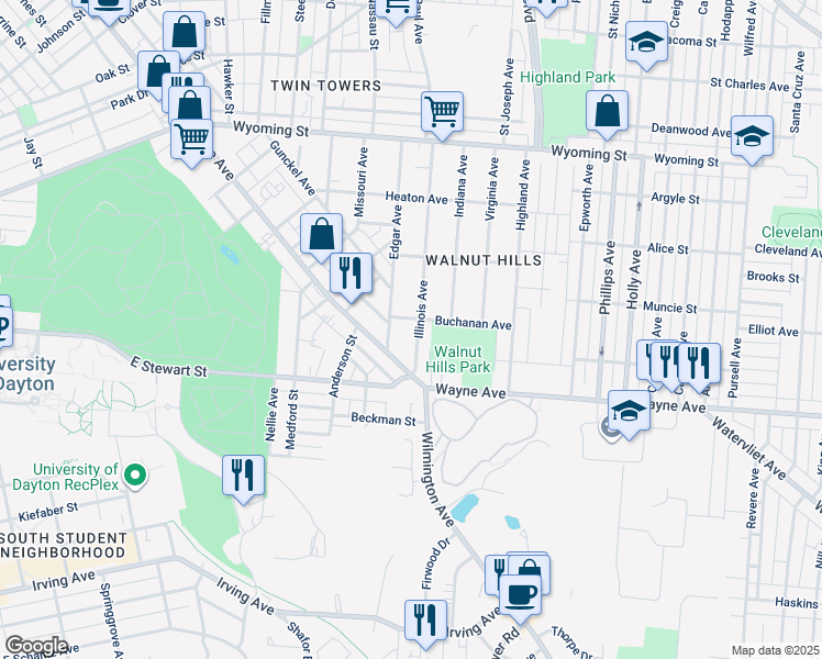 map of restaurants, bars, coffee shops, grocery stores, and more near 309 Illinois Avenue in Dayton