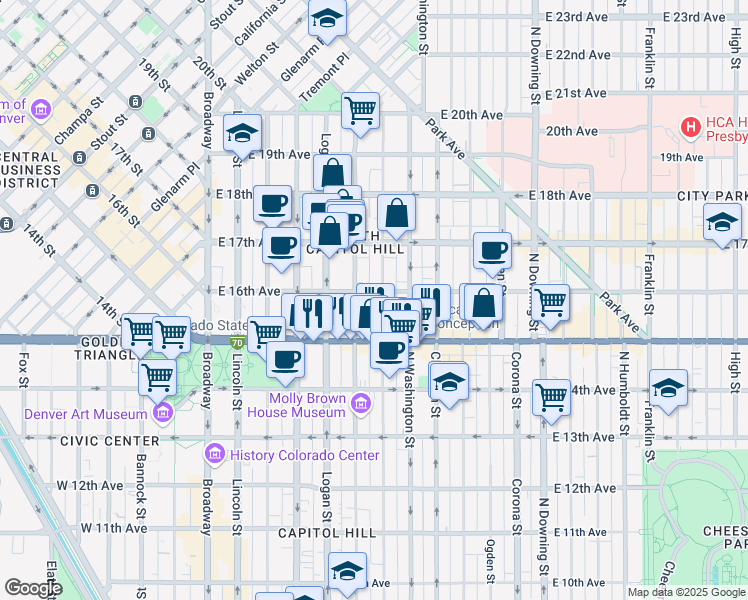 map of restaurants, bars, coffee shops, grocery stores, and more near 1550 Pennsylvania Street in Denver