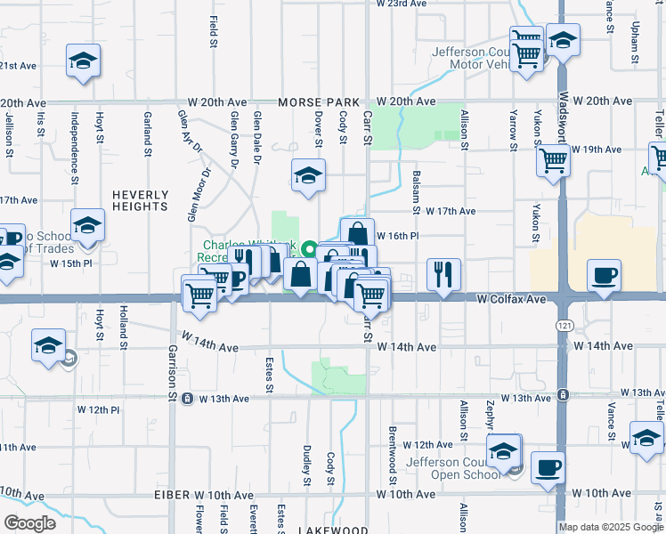map of restaurants, bars, coffee shops, grocery stores, and more near 1530 Dover Street in Lakewood