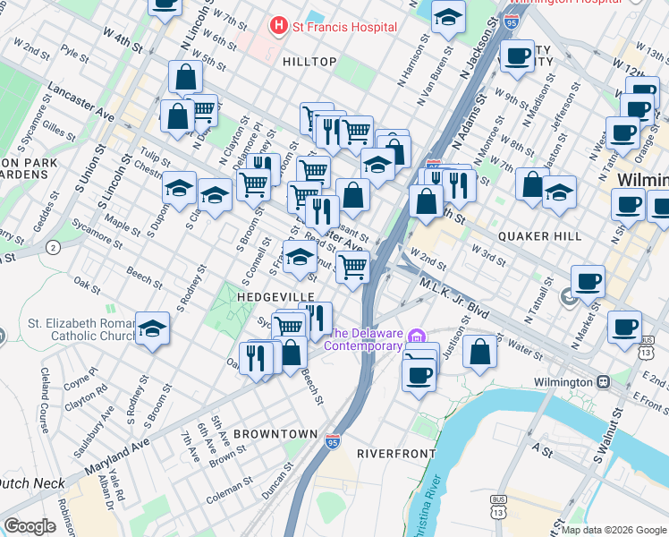 map of restaurants, bars, coffee shops, grocery stores, and more near 198 South Van Buren Street in Wilmington