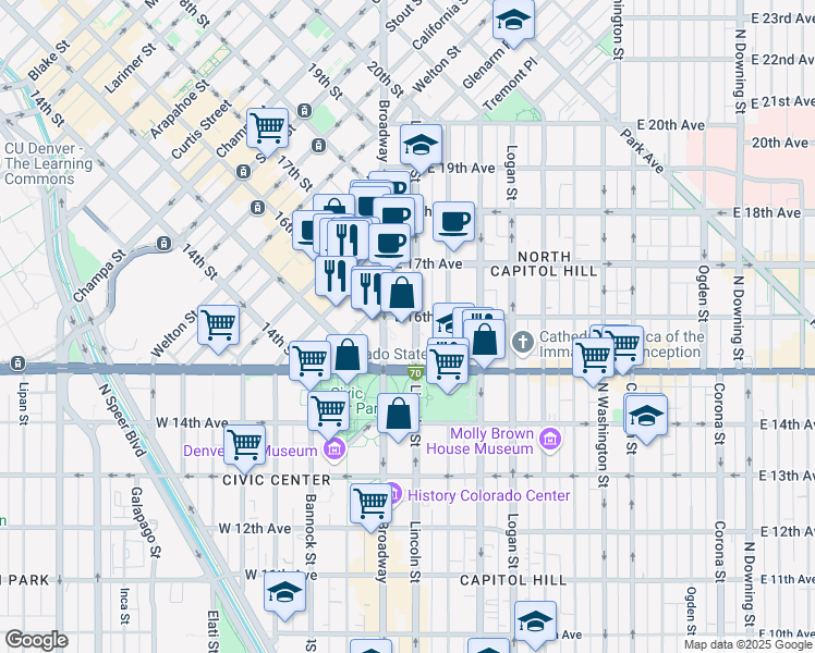map of restaurants, bars, coffee shops, grocery stores, and more near 1560 Broadway in Denver