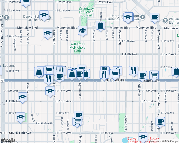map of restaurants, bars, coffee shops, grocery stores, and more near 1560 Spruce Street in Denver