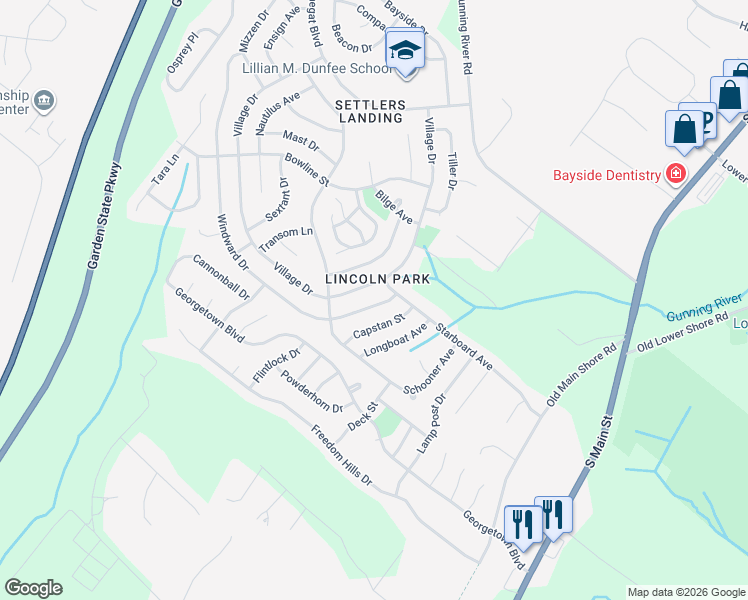 map of restaurants, bars, coffee shops, grocery stores, and more near 151 Windward Drive in Barnegat Township