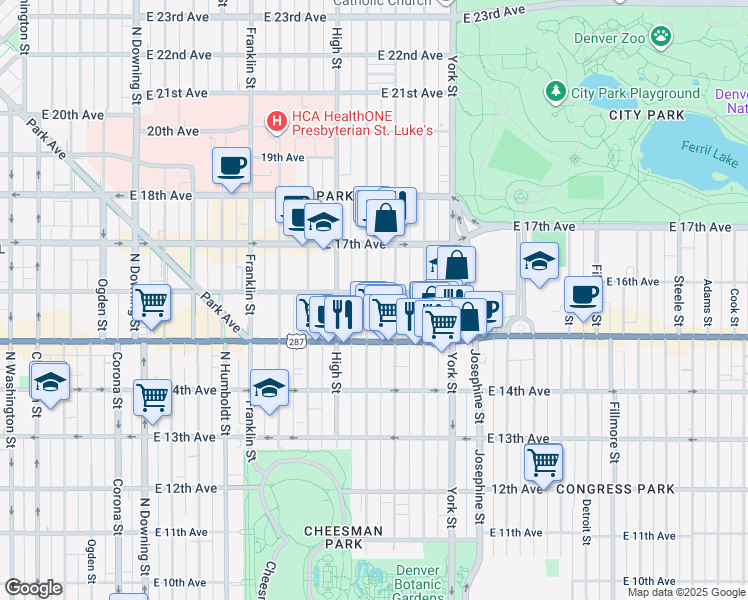 map of restaurants, bars, coffee shops, grocery stores, and more near 1572 Race Street in Denver