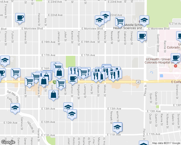 map of restaurants, bars, coffee shops, grocery stores, and more near 1544 Lima Street in Aurora