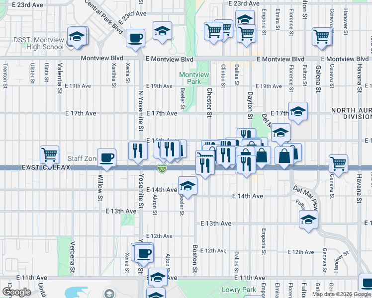 map of restaurants, bars, coffee shops, grocery stores, and more near 1517 Beeler Street in Aurora
