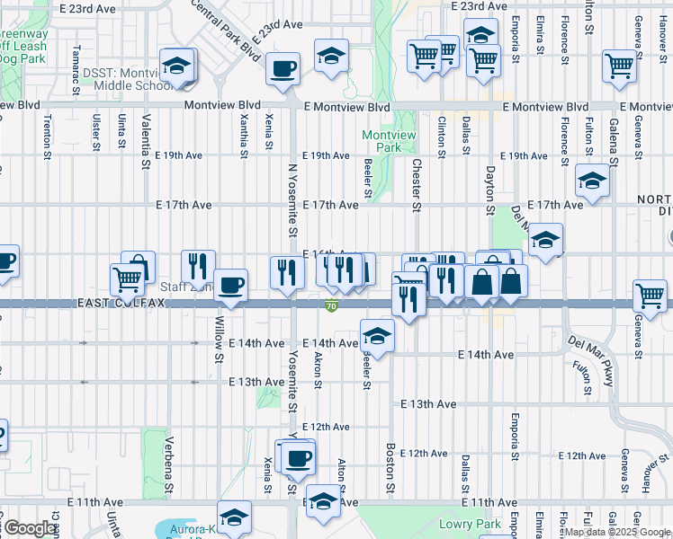 map of restaurants, bars, coffee shops, grocery stores, and more near 1519 Alton Street in Aurora